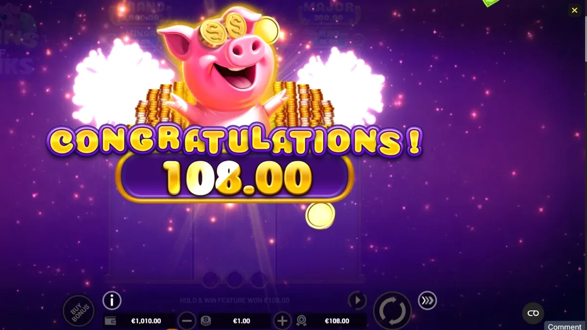 Visual luxuoso e cartoon do slot Coins of Oinks com tema de porcos e ouro