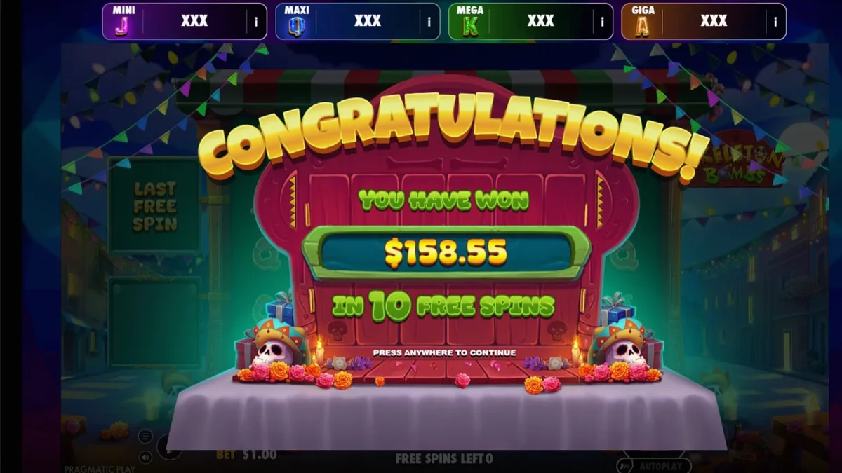 Tela do jogo Skeleton Bombs com caveiras coloridas e temática de celebração mexicana
