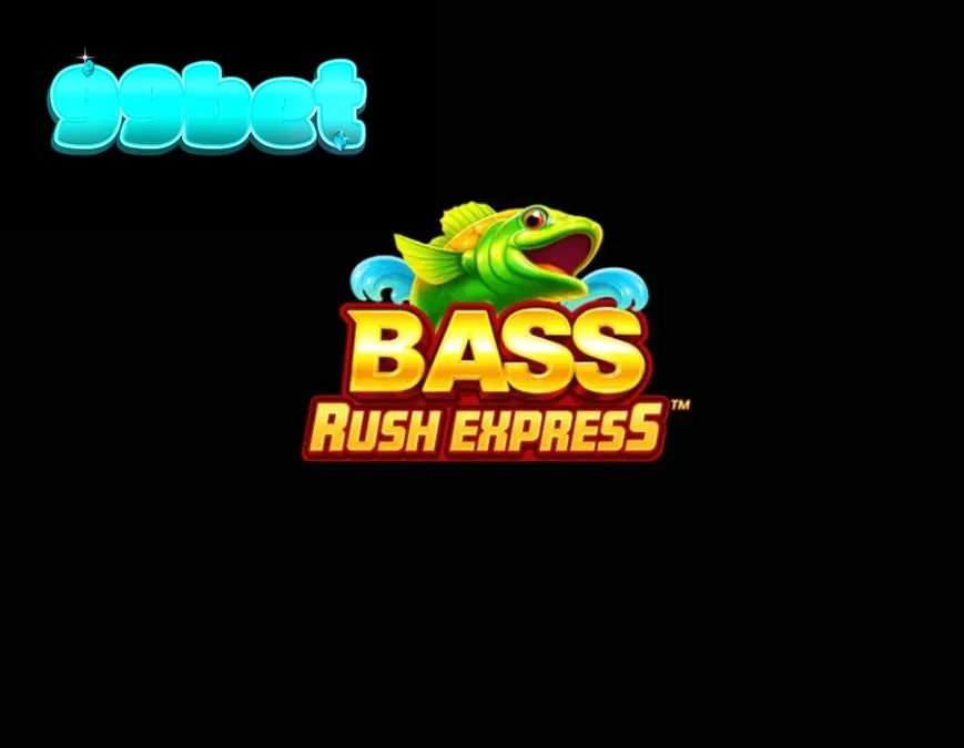 Cena de jogo do slot Bass Rush Express com pescador e lago